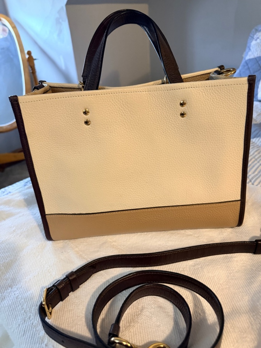 Coach Color Block Leather Satchel in Cream / Tan / Brown and Signature - Picture 2 of 8